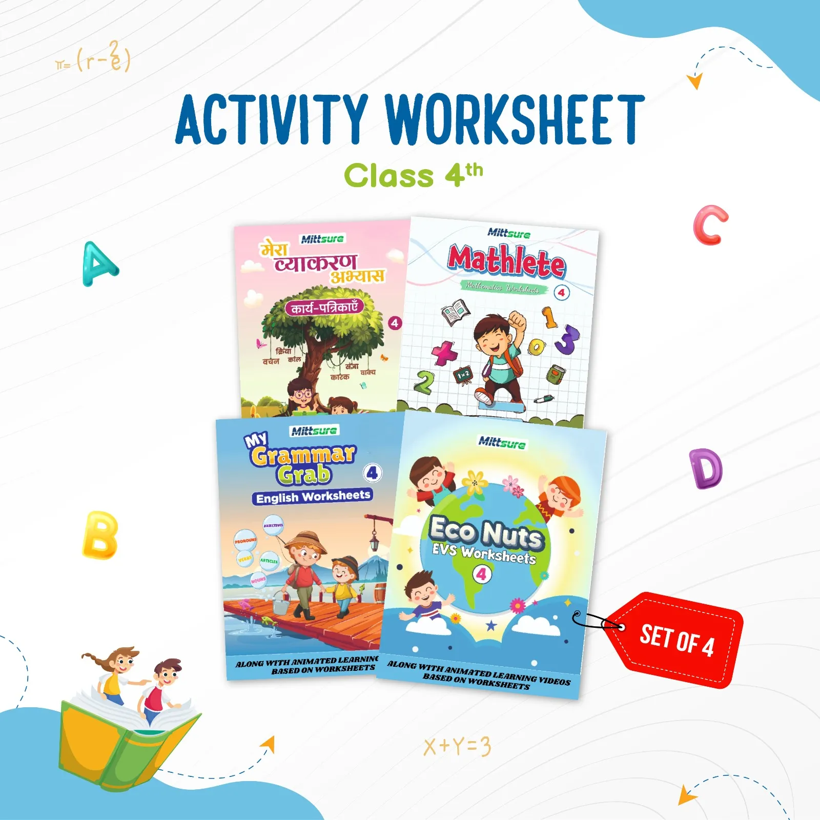Mittsure kids Activity Worksheet for Class 4 | Set of 4 | Subjects-  English, Hindi, Math's, Evs