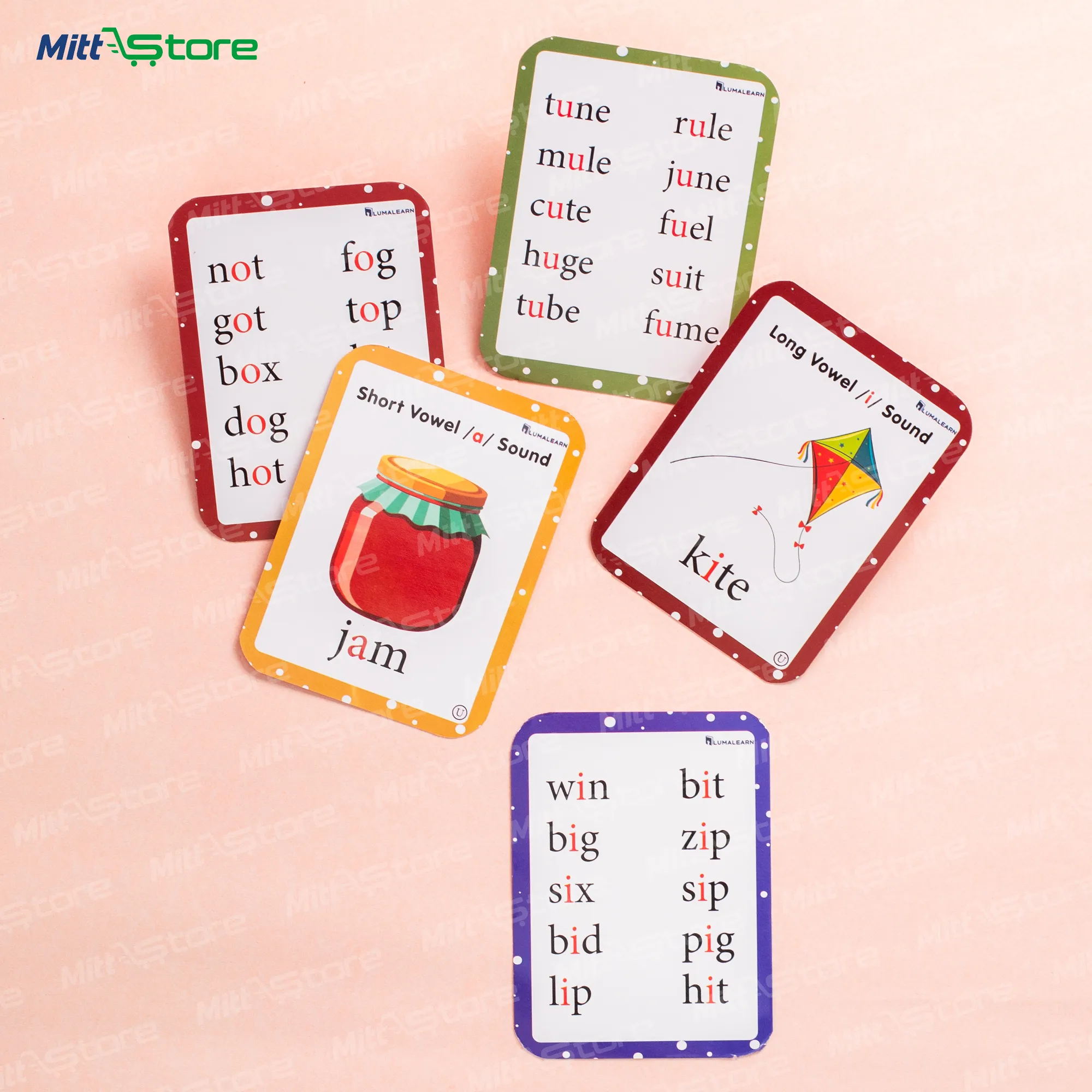 Flash Cards Pack of 30 Cards : Level 3 : Short & Long Vowels, Plane & Solid Shapes, Spell Learning, Kids Yoga and Puzzles