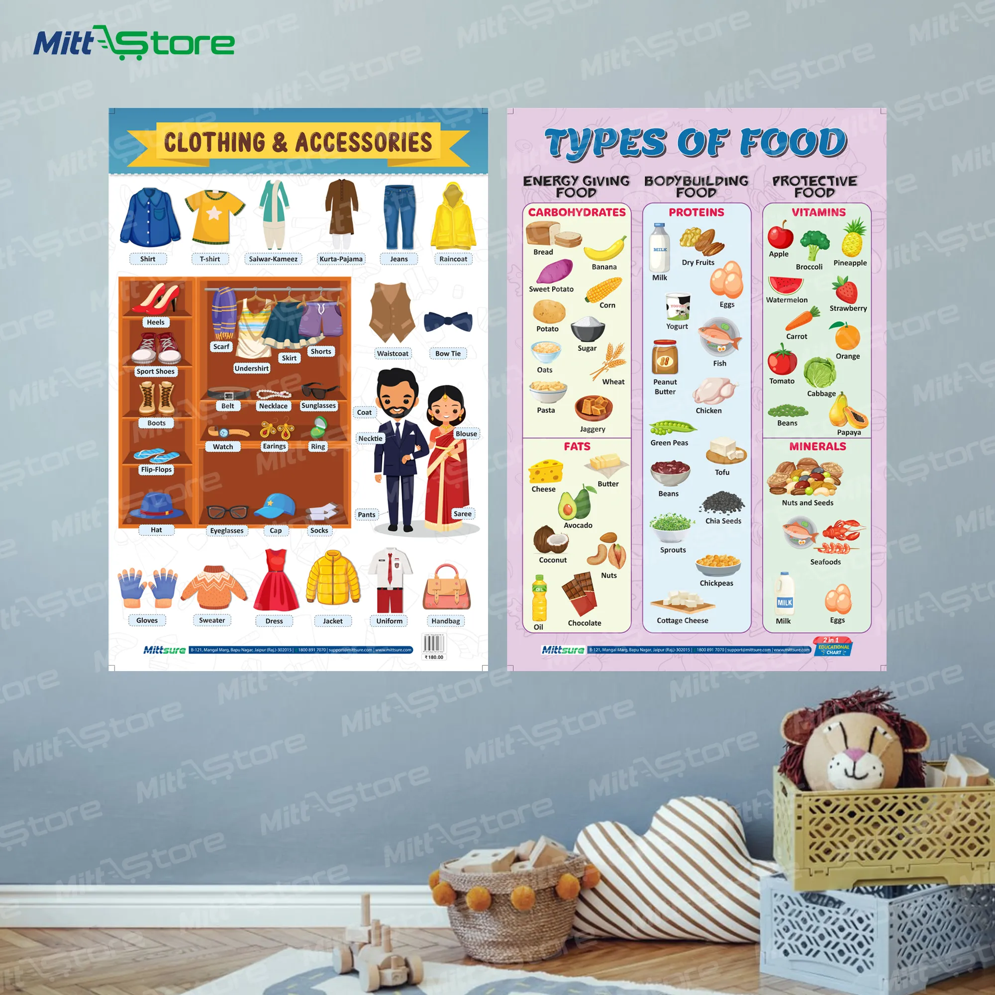 Clothing & Accessories and Types of Food Chart for Kids – 2-in-1 Laminated Educational Charts | Early Learning EVS Chart for Home & Classroom