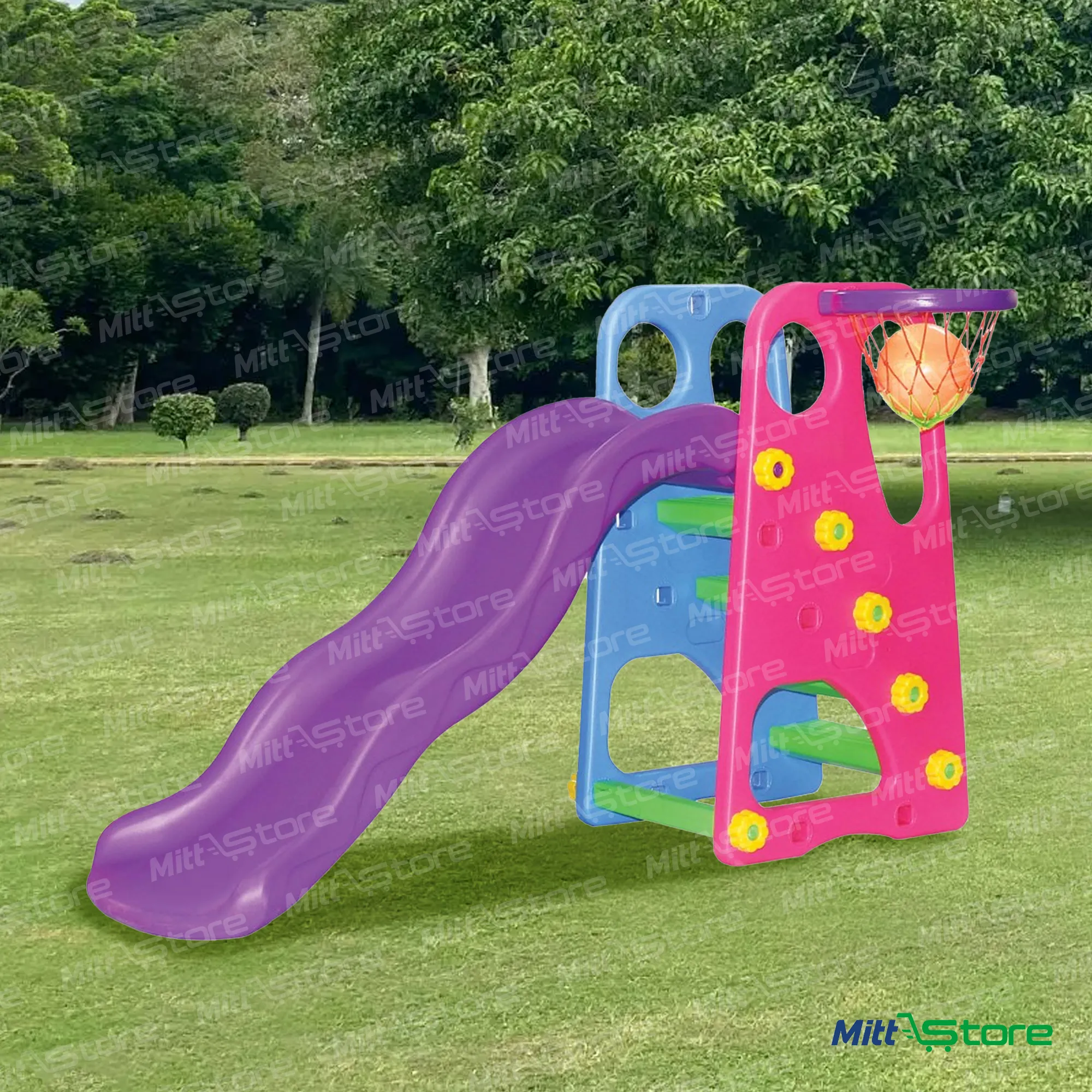 Kids Indoor & Outdoor Slide with Basketball Hoop | Multicolor Activity Playset